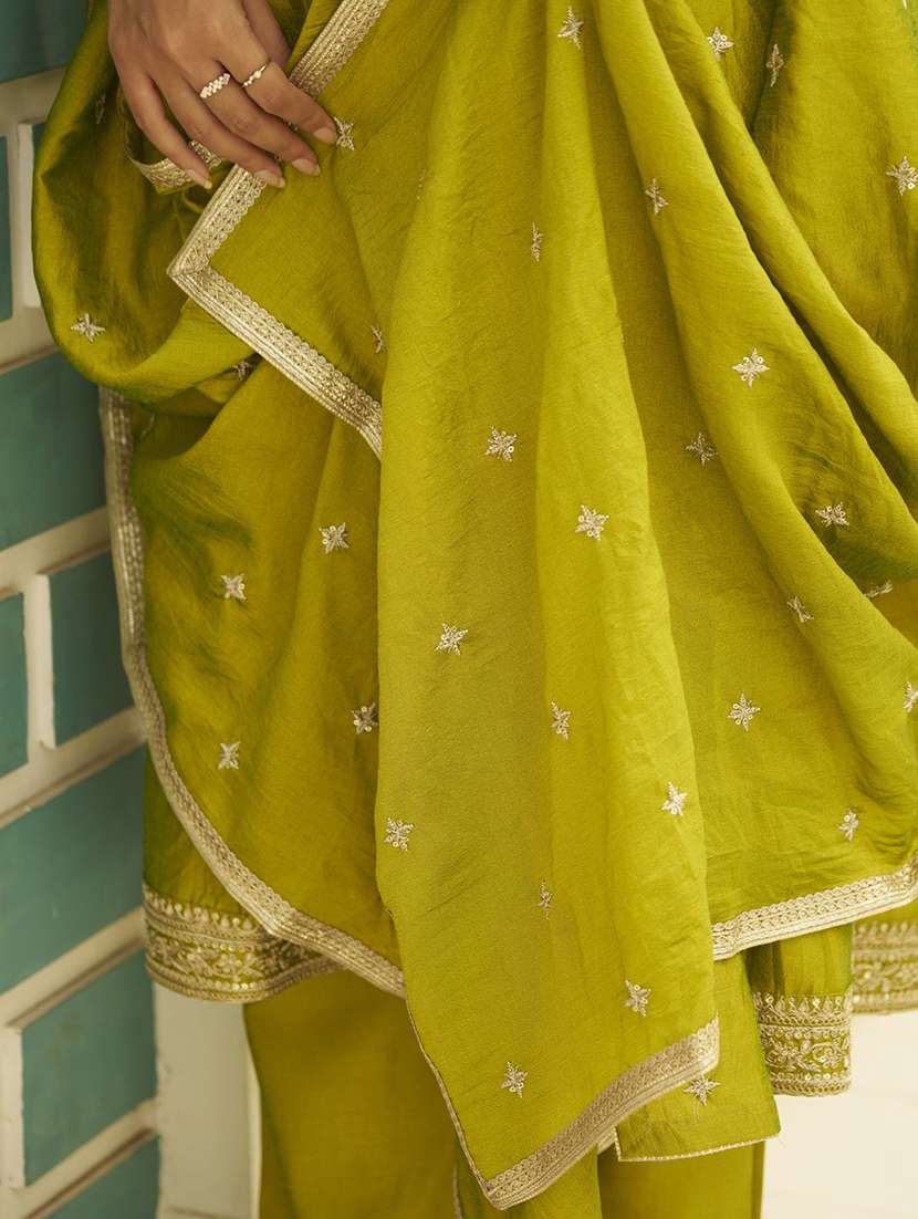 women solid with work three quarter sleeve kurta pant with dupatta set - 22322375 -  Standard Image - 4