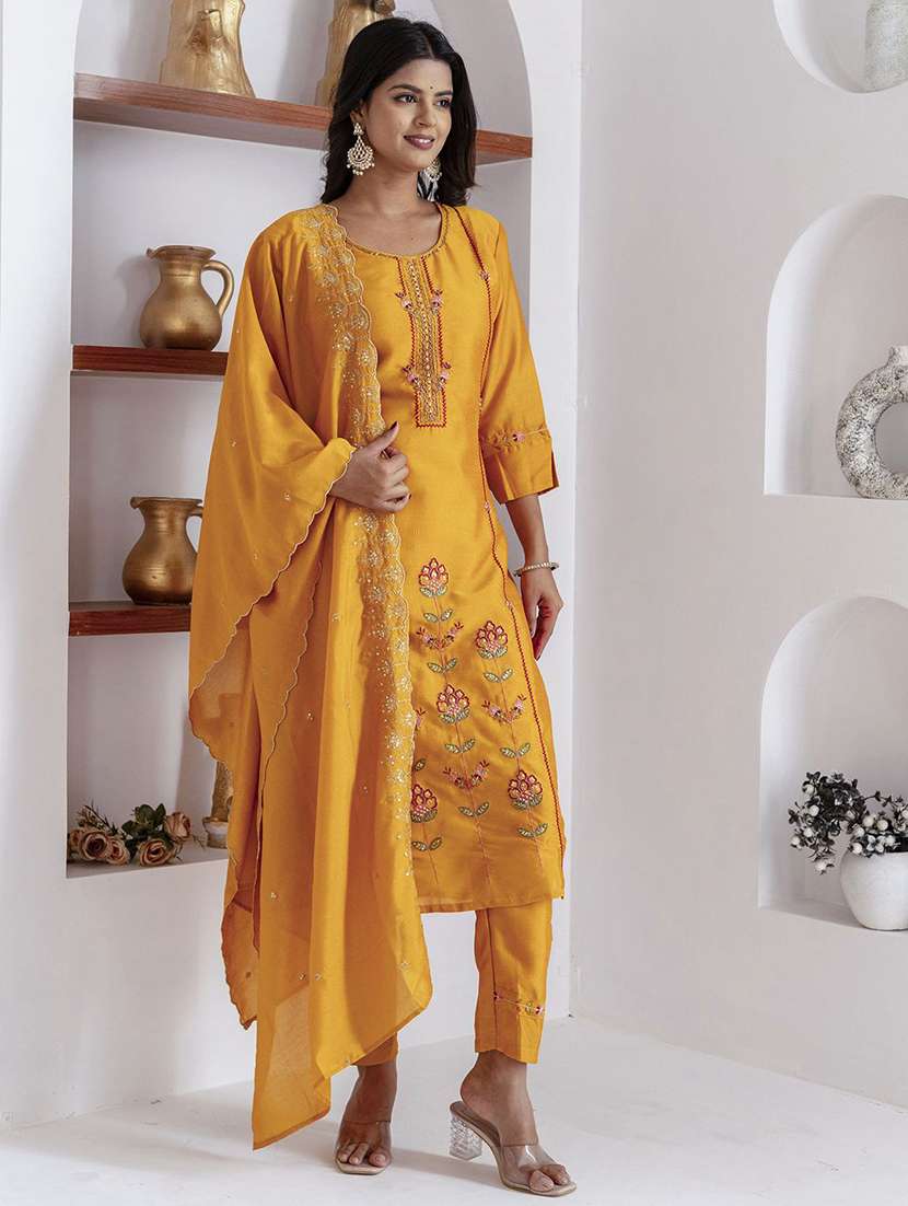 Women Solid With Work Three Quarter Sleeve Kurta Pant With Dupatta Set - 22322380 -  Standard Image - 1