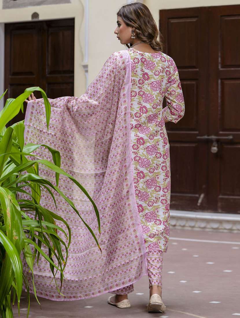 women floral three quarter sleeve kurta pant with dupatta set - 22322381 -  Standard Image - 1