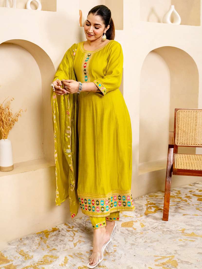 Women Solid With Work Three Quarter Sleeve Kurta Pant With Dupatta Set - 22322383 -  Standard Image - 1