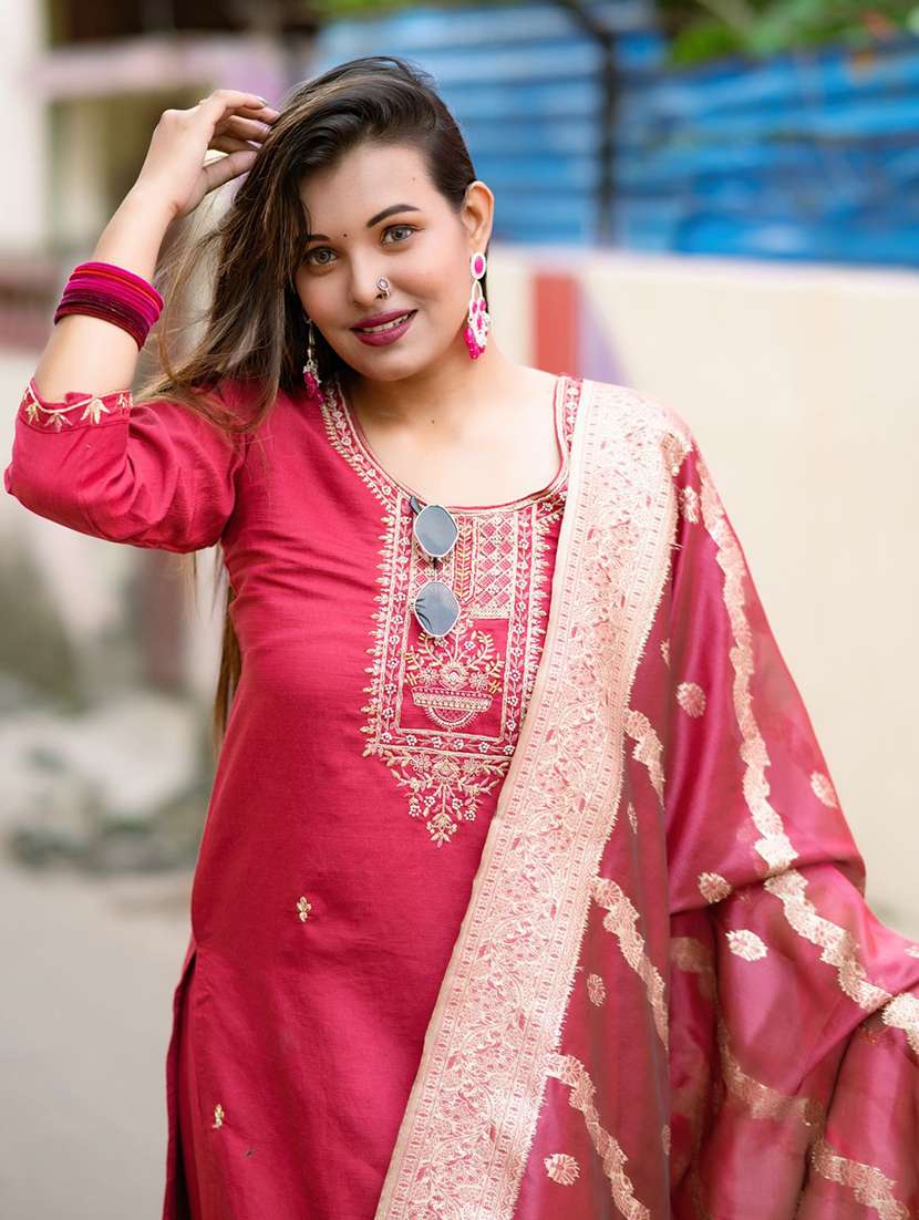 women solid with work three quarter sleeve kurta pant with dupatta set - 22322394 -  Standard Image - 1