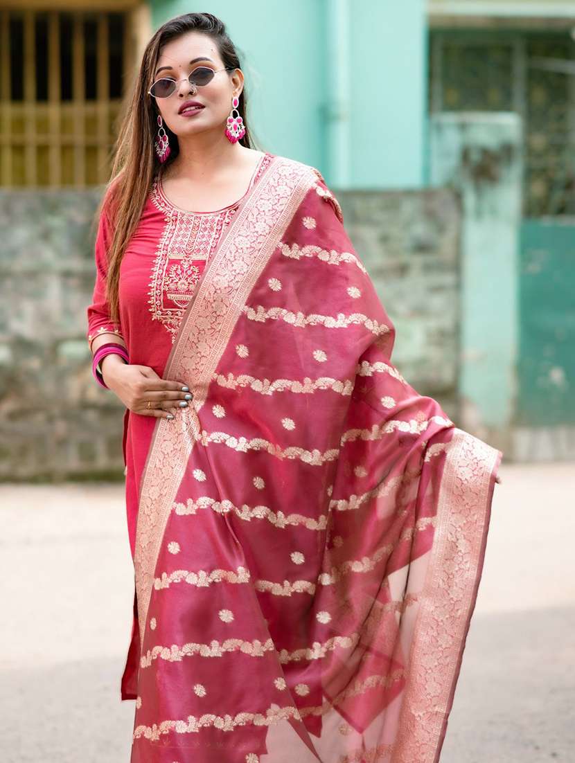 women solid with work three quarter sleeve kurta pant with dupatta set - 22322394 -  Standard Image - 4