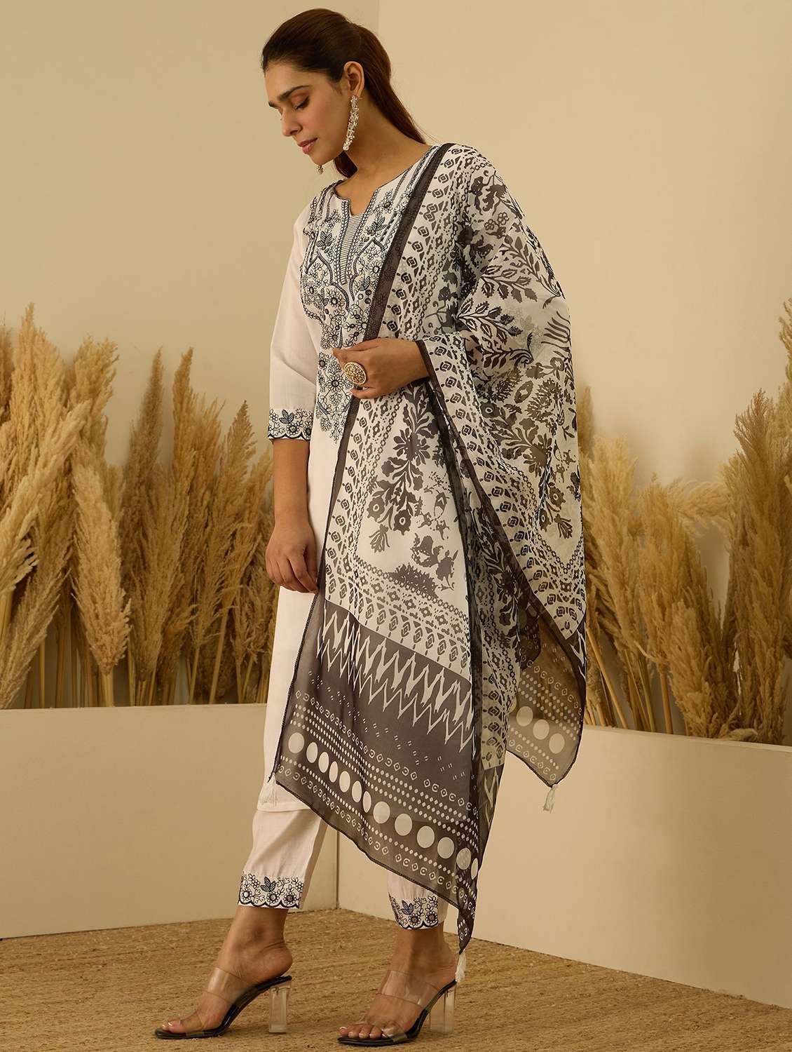 women solid with work three quarter sleeve kurta pant with dupatta set - 22322395 -  Standard Image - 1