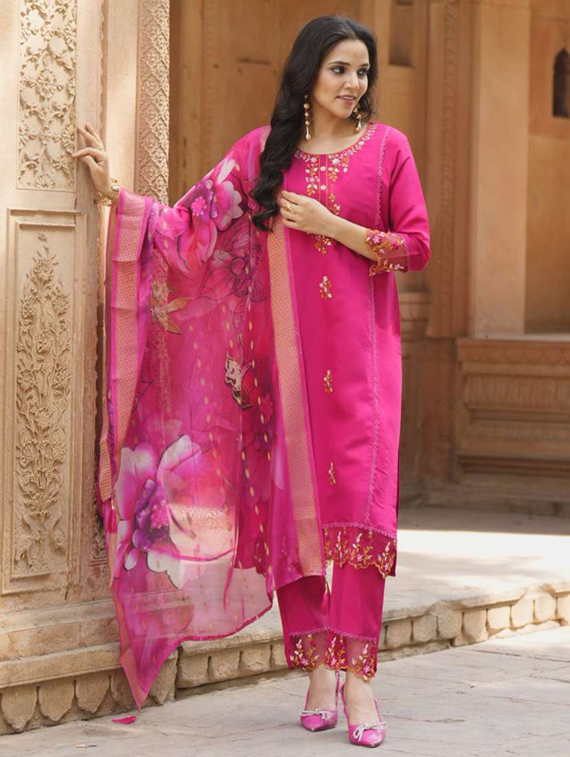 women solid with work three quarter sleeve kurta pant with dupatta set - 22322408 -  Standard Image - 1