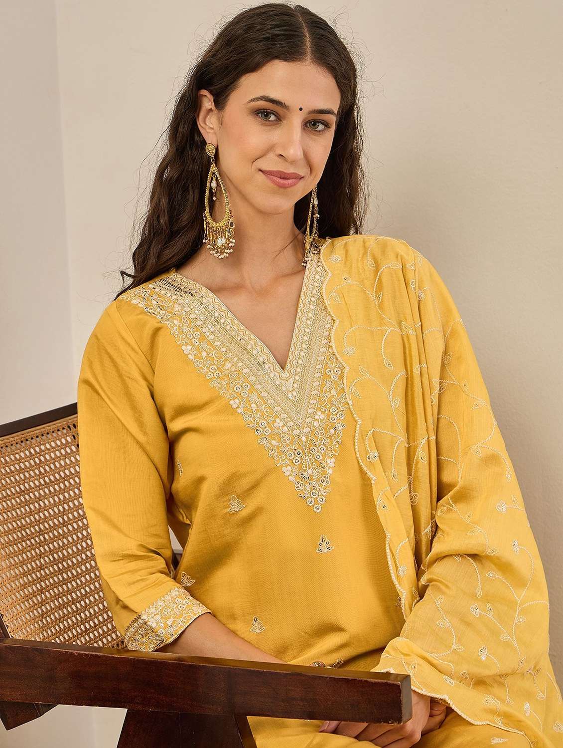 women solid with work three quarter sleeve kurta pant with dupatta set - 22322418 -  Standard Image - 1
