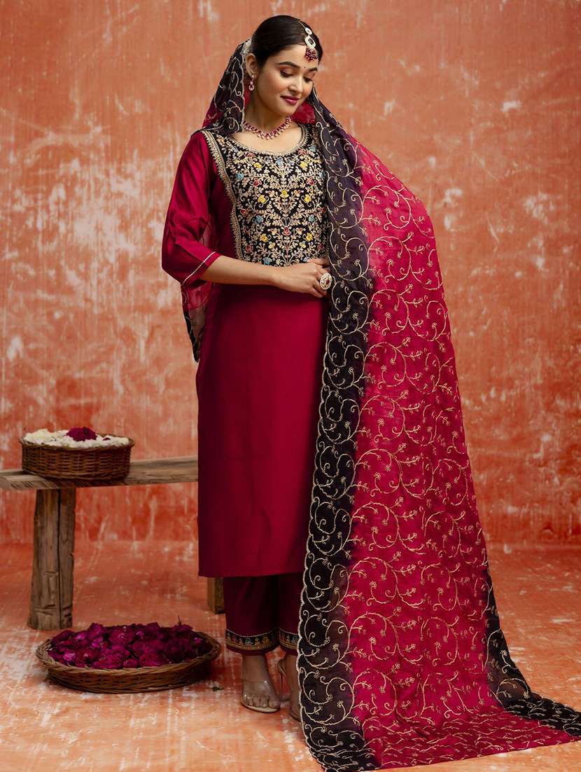 women solid with work three quarter sleeve kurta pant with dupatta set - 22322420 -  Standard Image - 1