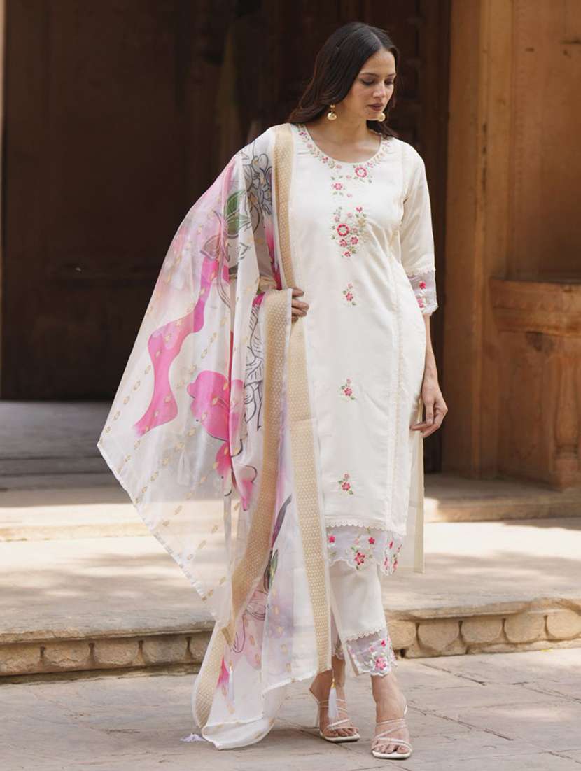 women solid with work three quarter sleeve kurta pant with dupatta set - 22322440 -  Standard Image - 1