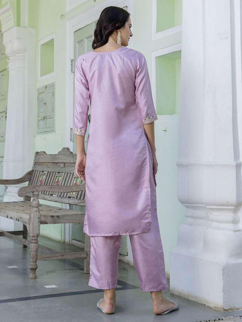 women solid with work three quarter sleeve kurta pant with dupatta set - 22322441 -  Standard Image - 1