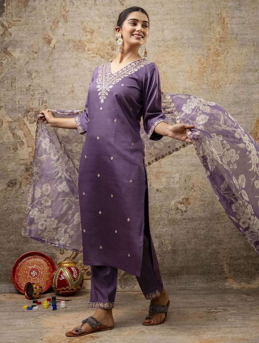 women solid with work three quarter sleeve kurta pant with dupatta set - 22322446 -  Standard Image - 1