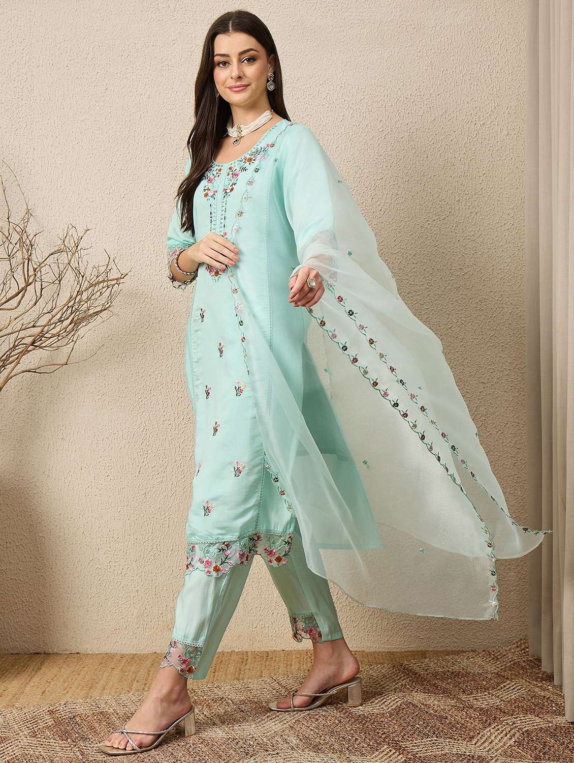women solid with work three quarter sleeve kurta pant with dupatta set - 22322453 -  Standard Image - 1