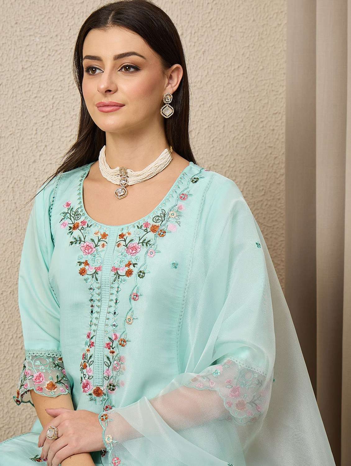 women solid with work three quarter sleeve kurta pant with dupatta set - 22322453 -  Standard Image - 4