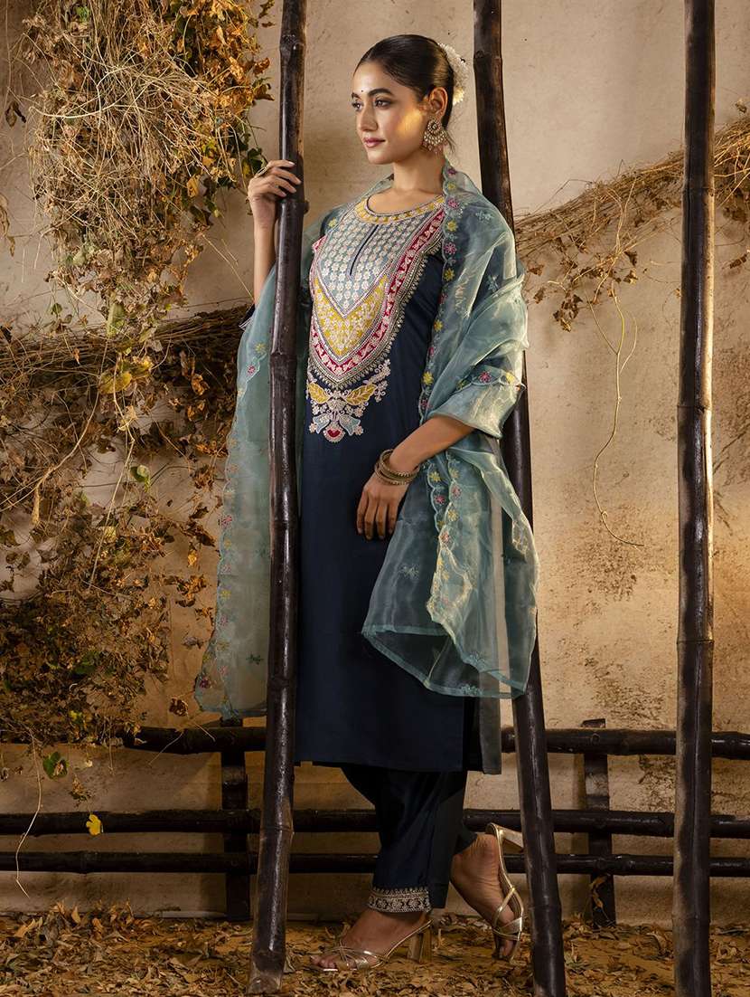 women solid with work three quarter sleeve kurta pant with dupatta set - 22322455 -  Standard Image - 1