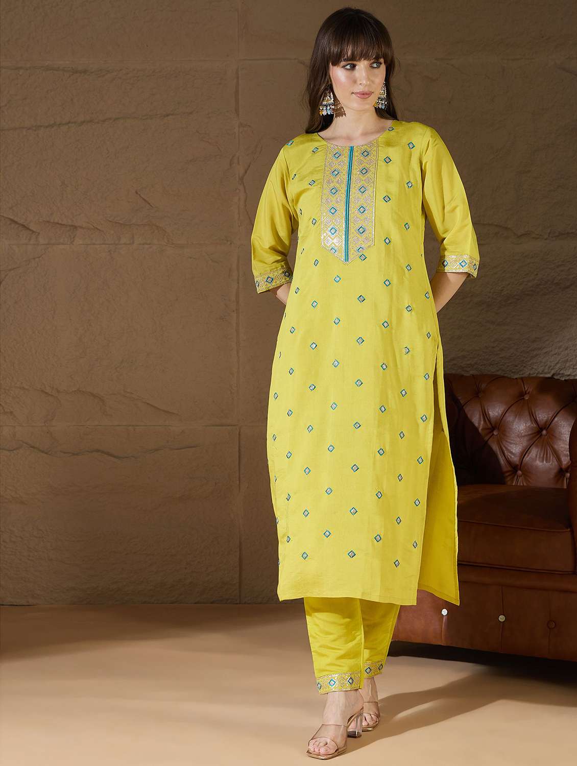 women solid with work three quarter sleeve kurta pant with dupatta set - 22322456 -  Standard Image - 1