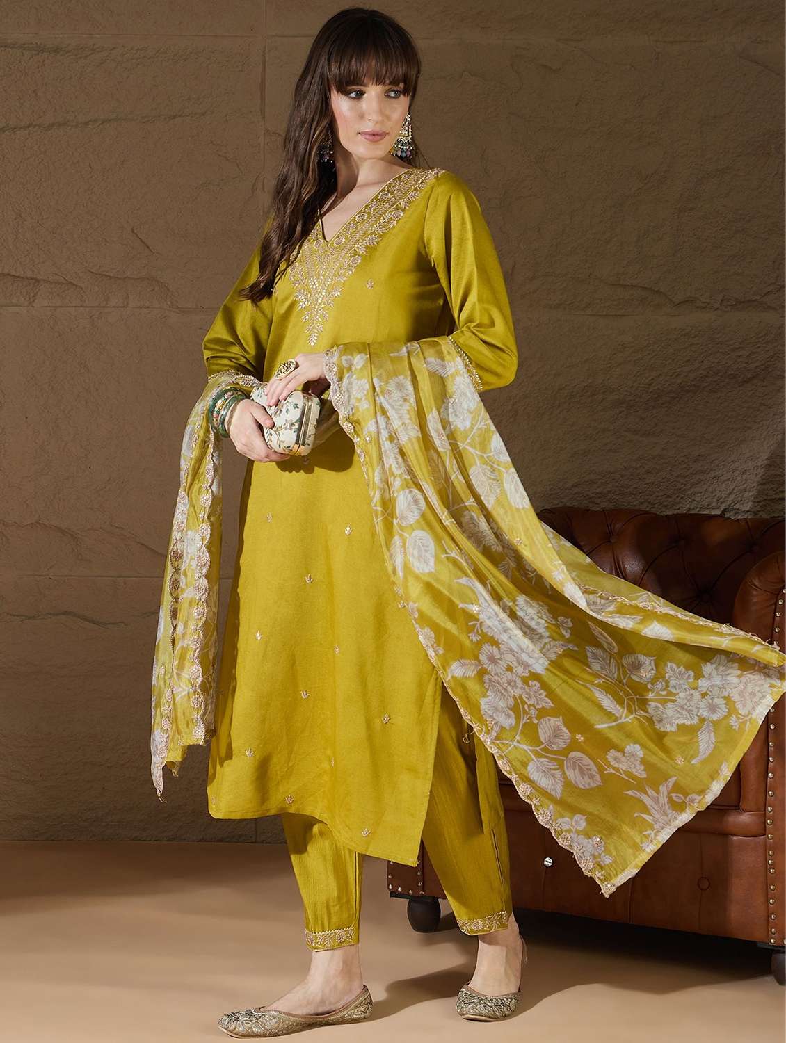 women solid with work three quarter sleeve kurta pant with dupatta set - 22322468 -  Standard Image - 1