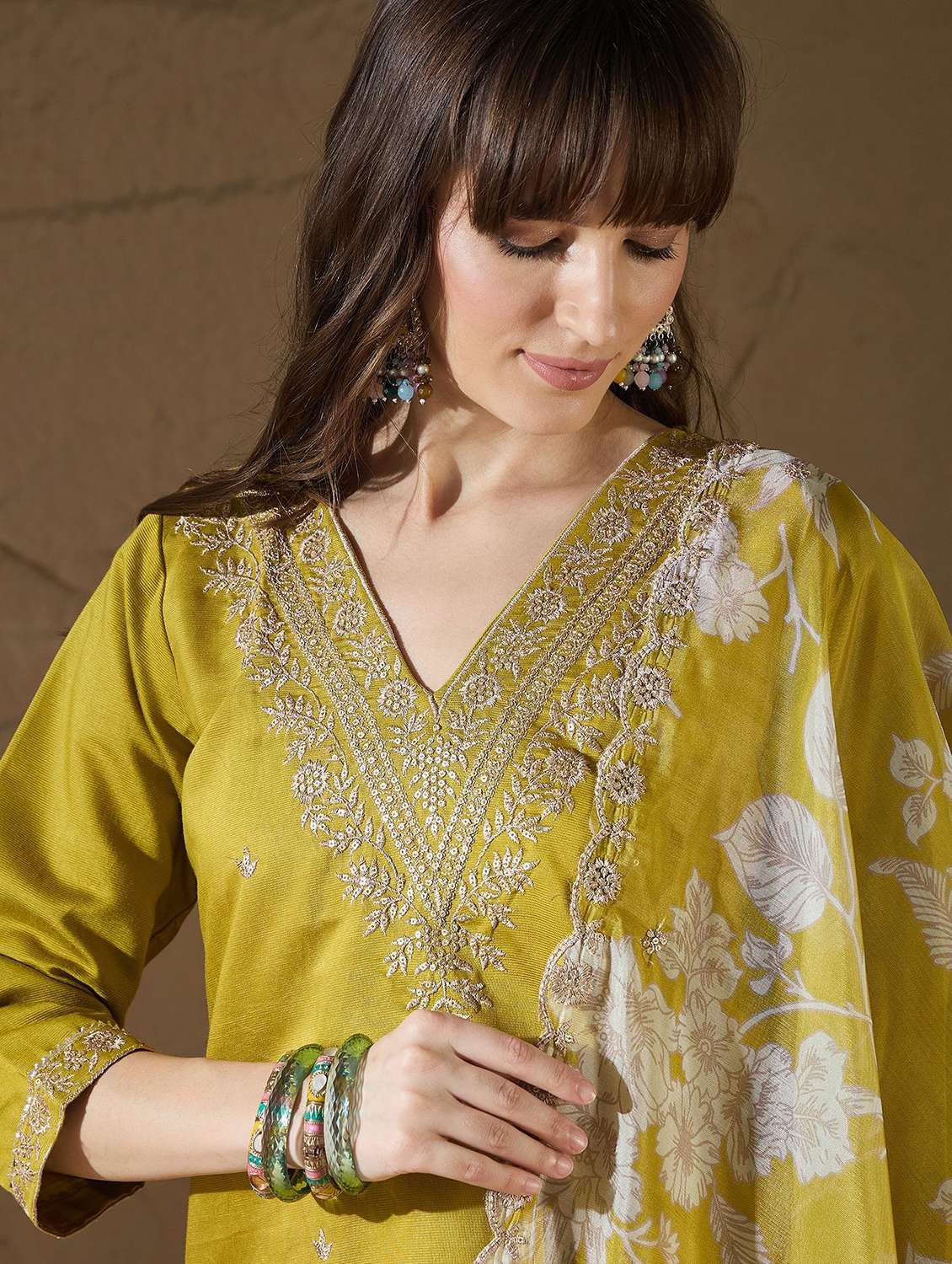 women solid with work three quarter sleeve kurta pant with dupatta set - 22322468 -  Standard Image - 4