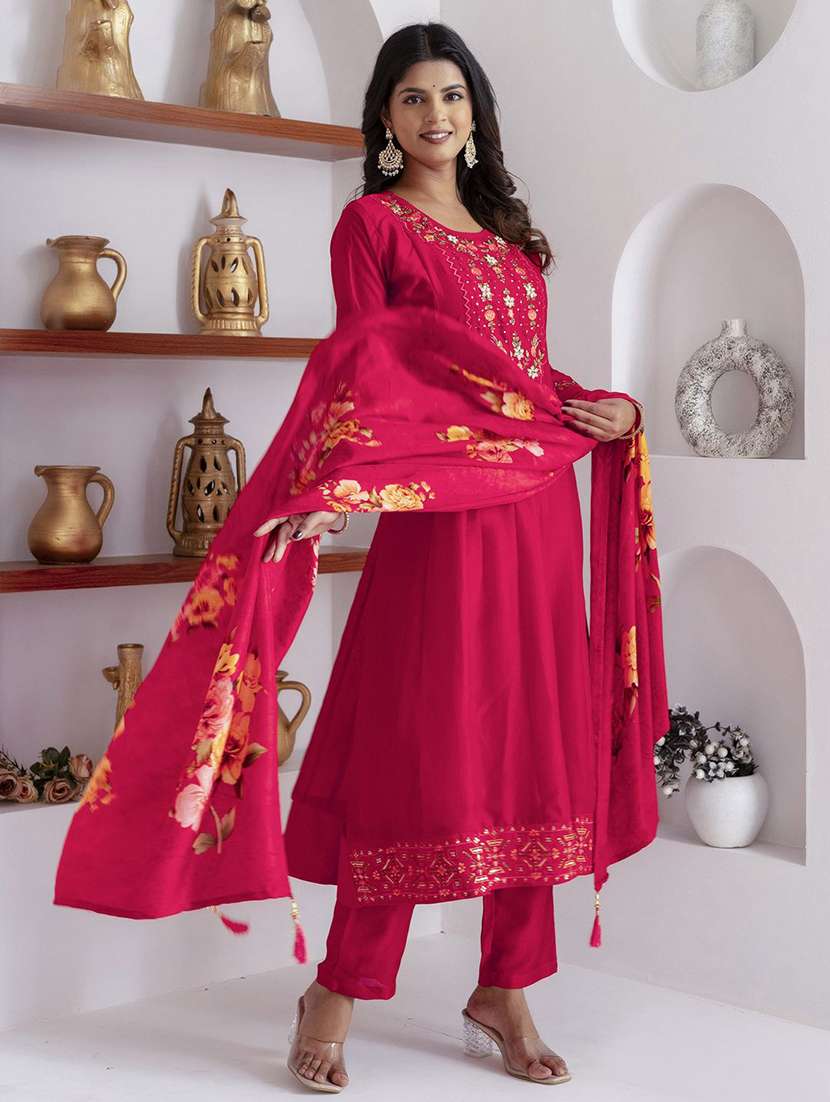 women solid with work three quarter sleeve kurta pant with dupatta set - 22322469 -  Standard Image - 1