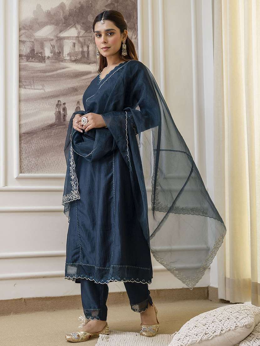 women solid with work three quarter sleeve kurta pant with dupatta set - 22322479 -  Standard Image - 1