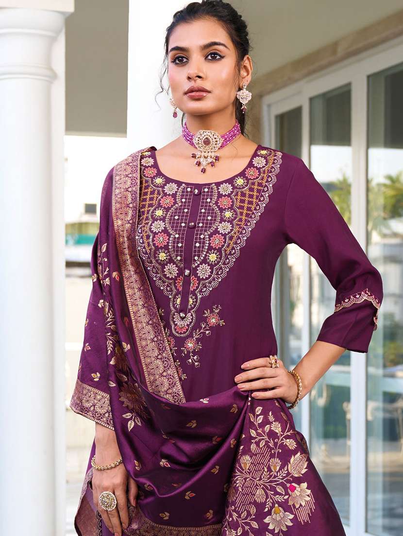 Women Solid With Work Three Quarter Sleeve Kurta Pant With Dupatta Set - 22322481 -  Standard Image - 1