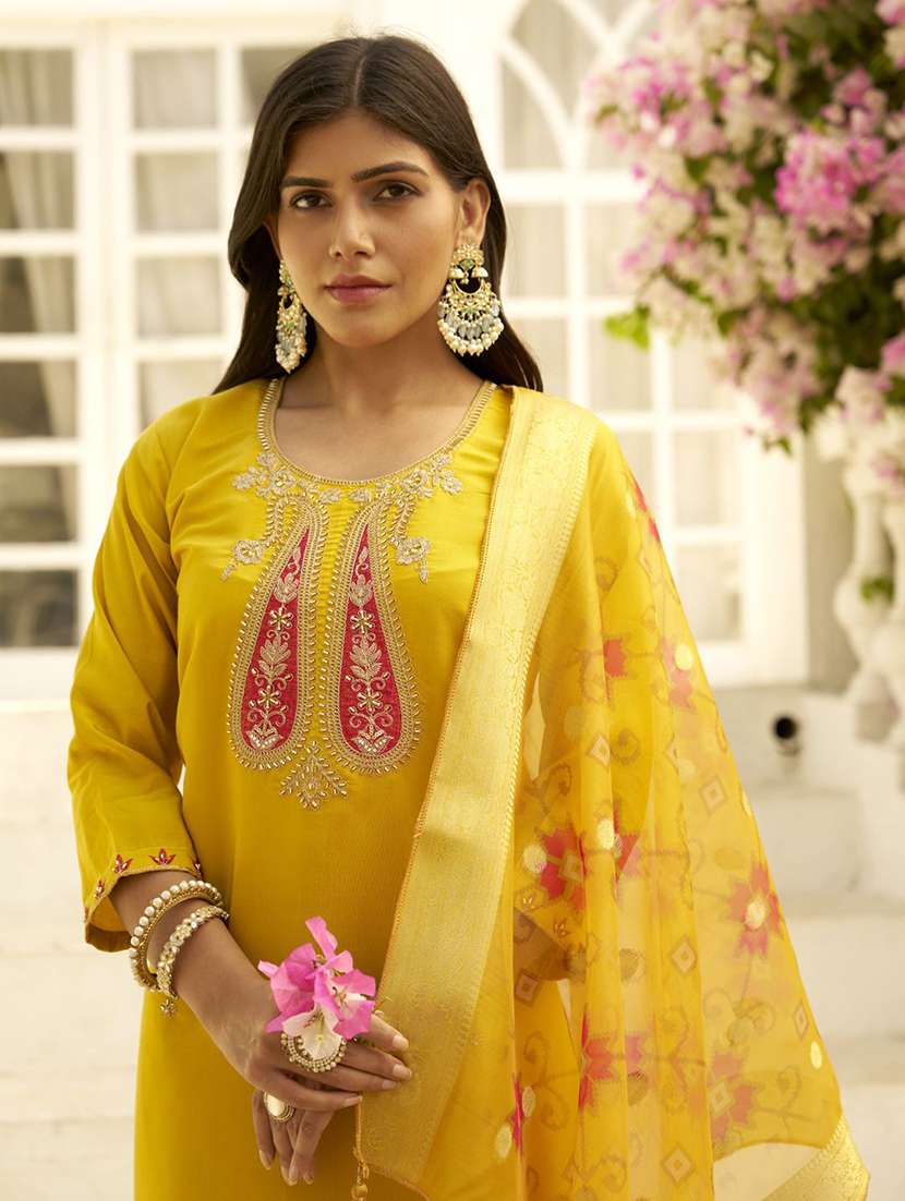 women solid with work three quarter sleeve kurta pant with dupatta set - 22322483 -  Standard Image - 1