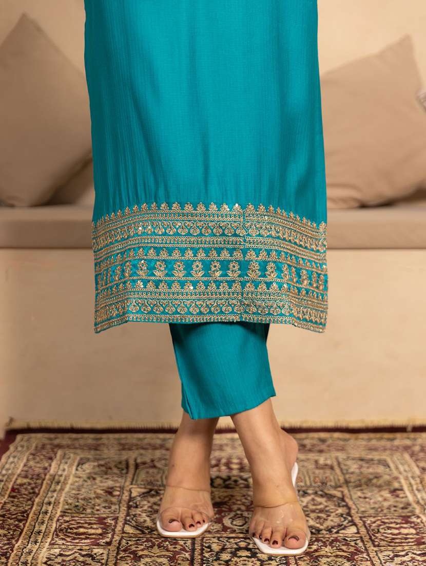 women solid with work three quarter sleeve kurta pant with dupatta set - 22322489 -  Standard Image - 4