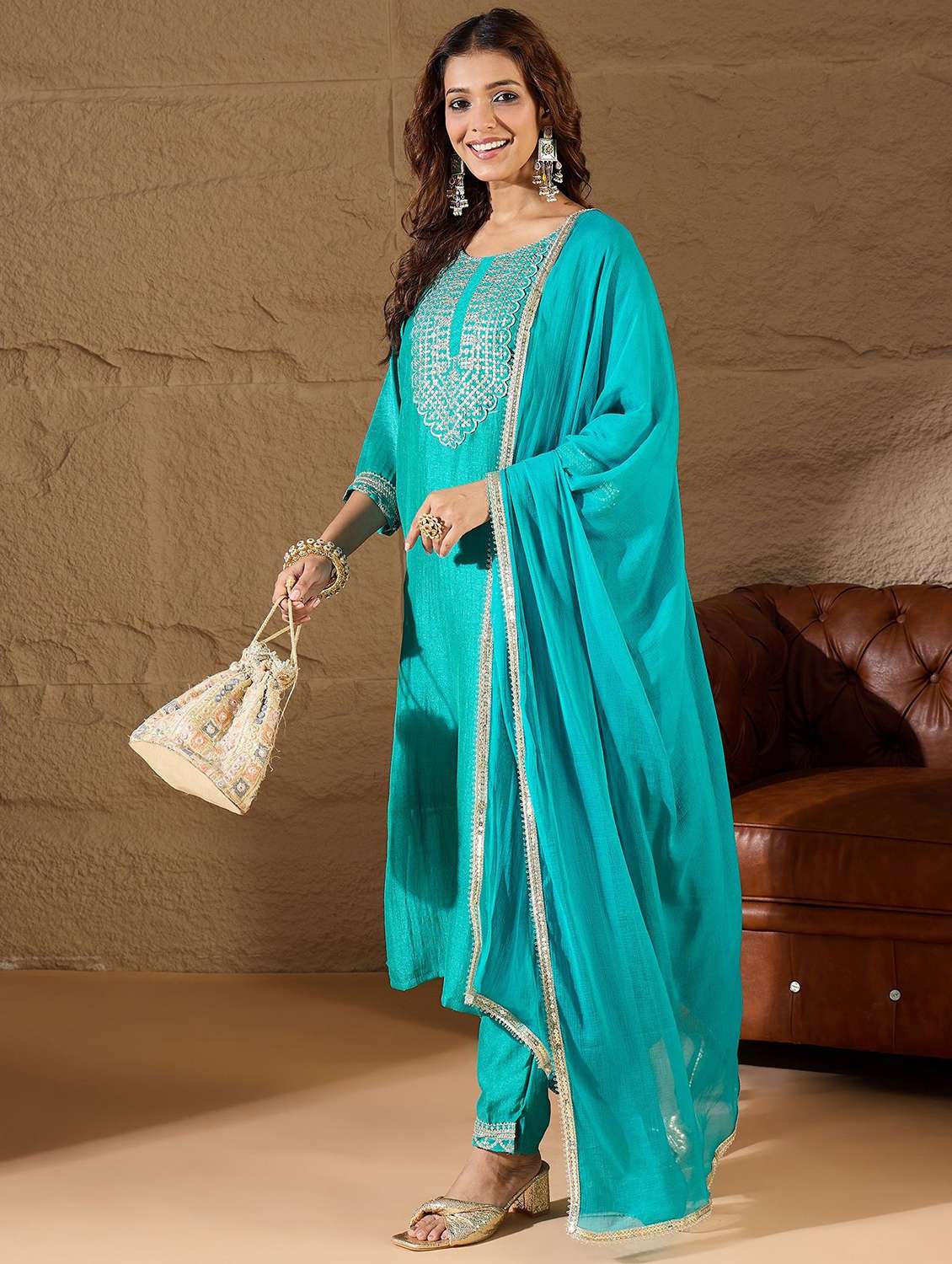 women solid with work three quarter sleeve kurta pant with dupatta set - 22322491 -  Standard Image - 1