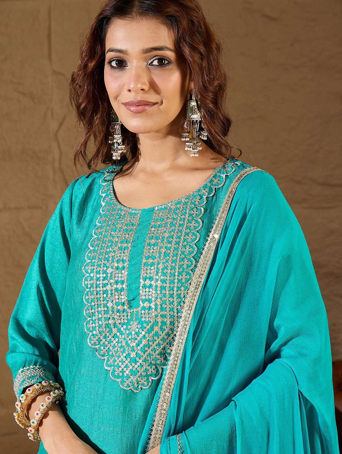 women solid with work three quarter sleeve kurta pant with dupatta set - 22322491 -  Standard Image - 4