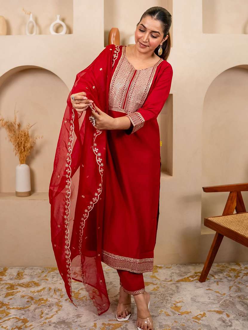 women solid with work three quarter sleeve kurta pant with dupatta set - 22322502 -  Standard Image - 1
