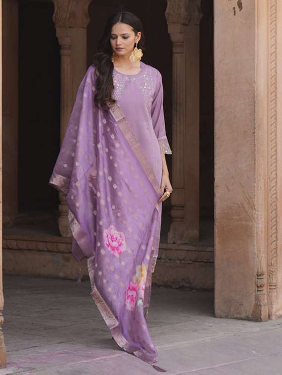 Women Solid With Work Three Quarter Sleeve Kurta Pant With Dupatta Set - 22322503 -  Standard Image - 1