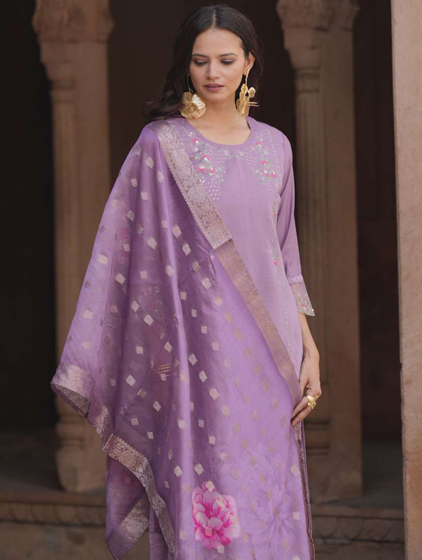 Women Solid With Work Three Quarter Sleeve Kurta Pant With Dupatta Set - 22322503 -  Standard Image - 4