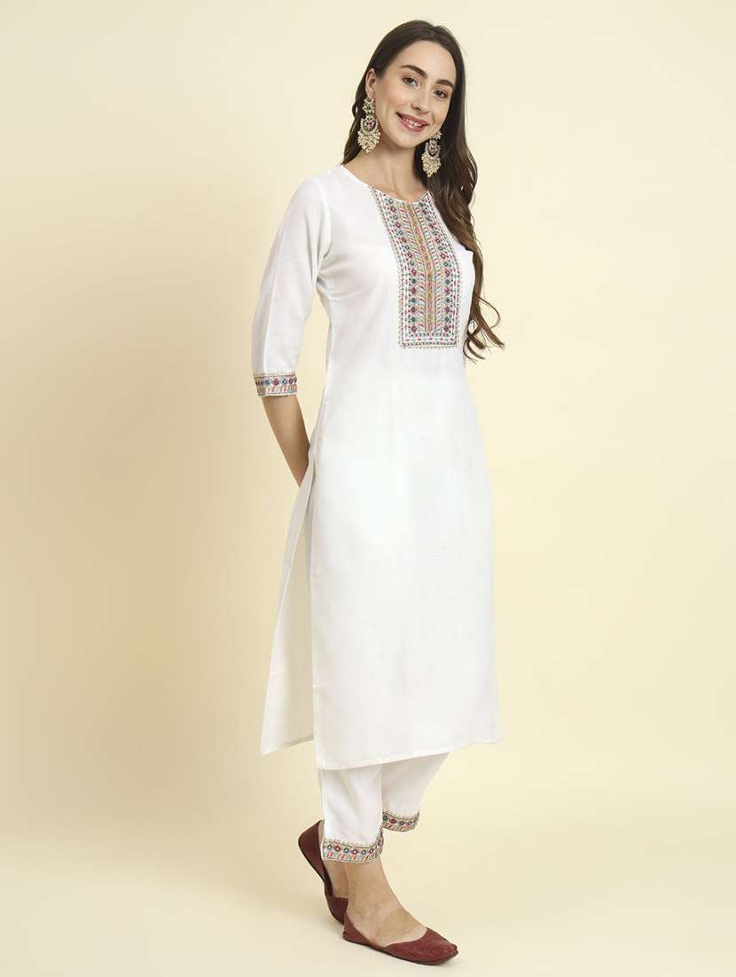women solid with work three quarter sleeve kurta pant with dupatta set - 22322506 -  Standard Image - 1