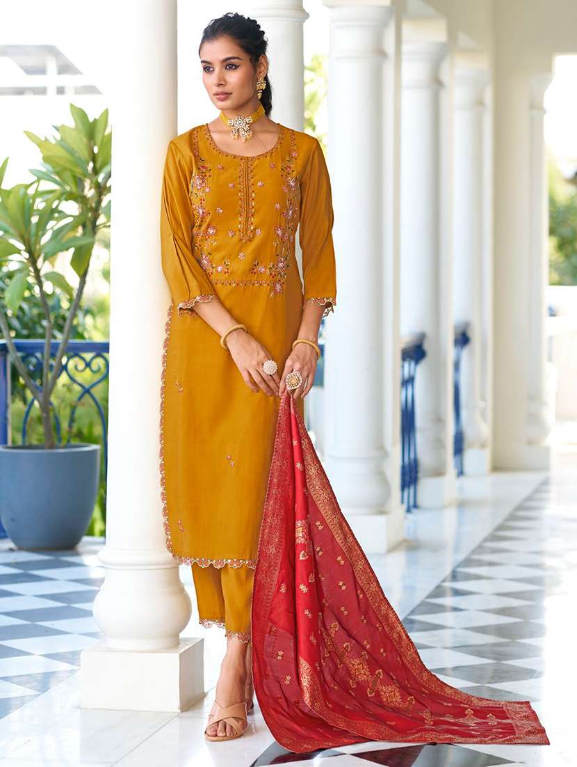 Women Solid With Work Three Quarter Sleeve Kurta Pant With Dupatta Set - 22322509 -  Standard Image - 1