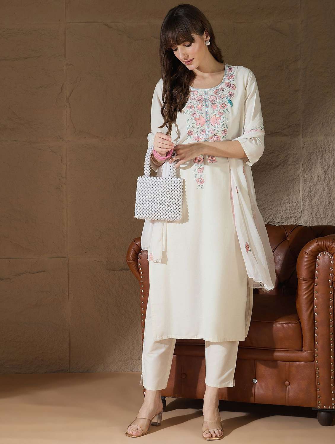 women solid with work three quarter sleeve kurta pant with dupatta set - 22322511 -  Standard Image - 1