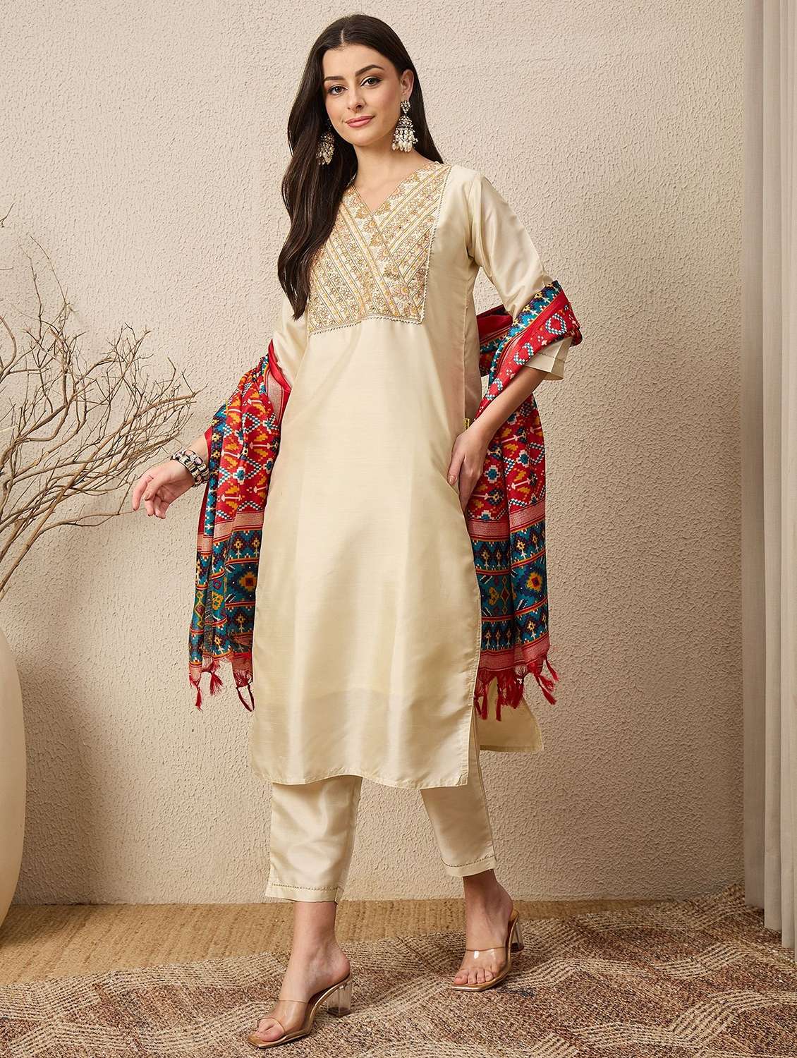 women solid with work three quarter sleeve kurta pant with dupatta set - 22322515 -  Standard Image - 1