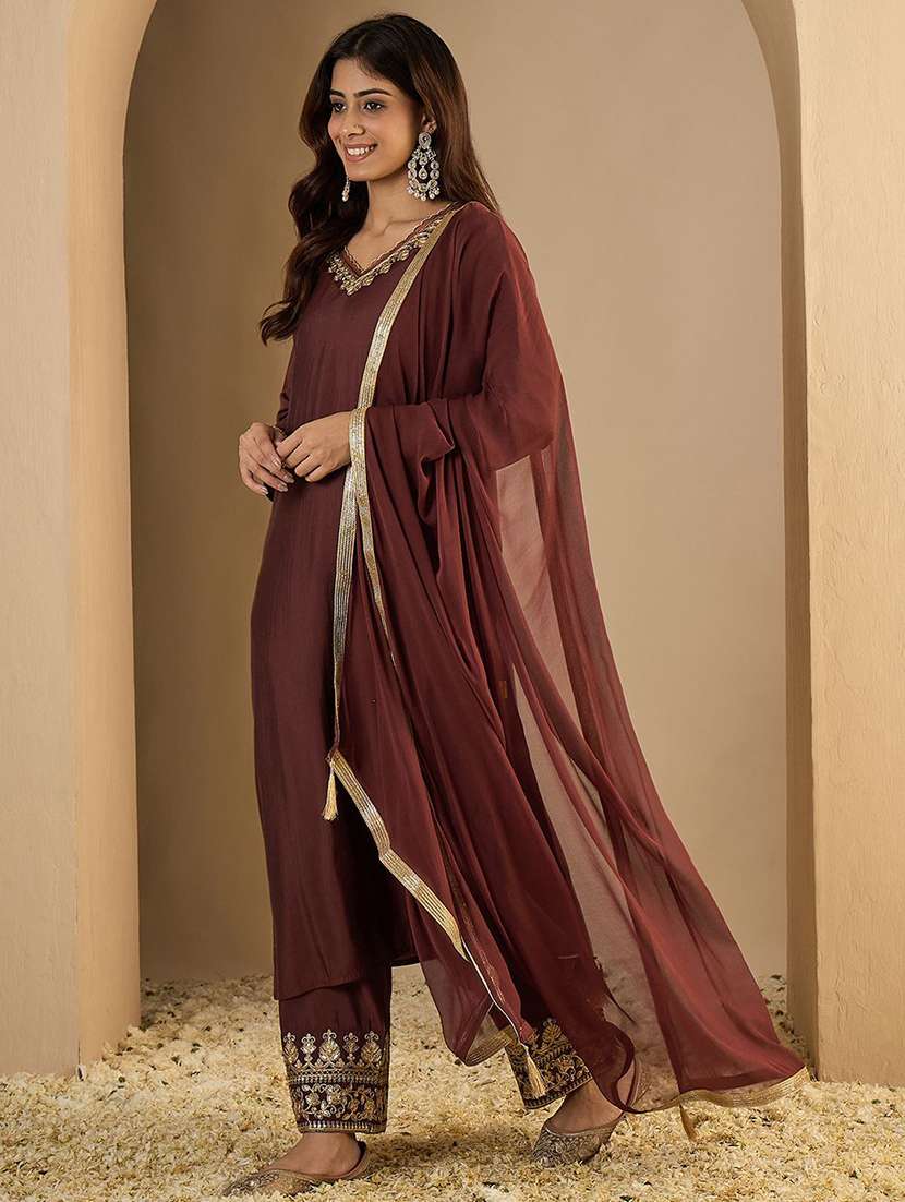 Women Solid With Work Three Quarter Sleeve Kurta Pant With Dupatta Set - 22322519 -  Standard Image - 1