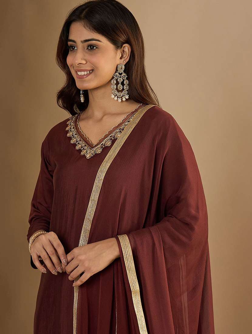 Women Solid With Work Three Quarter Sleeve Kurta Pant With Dupatta Set - 22322519 -  Standard Image - 4