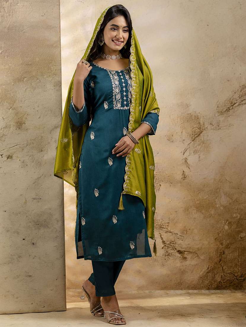 women solid with work three quarter sleeve kurta pant with dupatta set - 22322528 -  Standard Image - 1