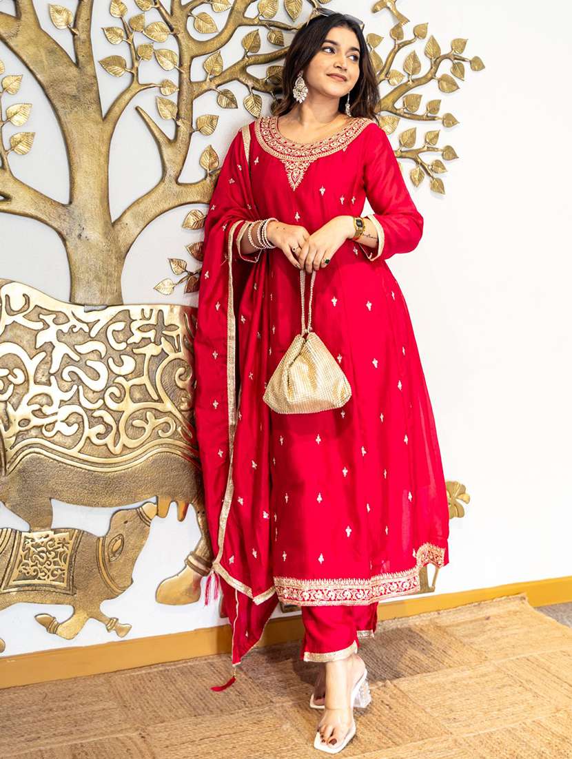 women solid with work three quarter sleeve kurta pant with dupatta set - 22322530 -  Standard Image - 1