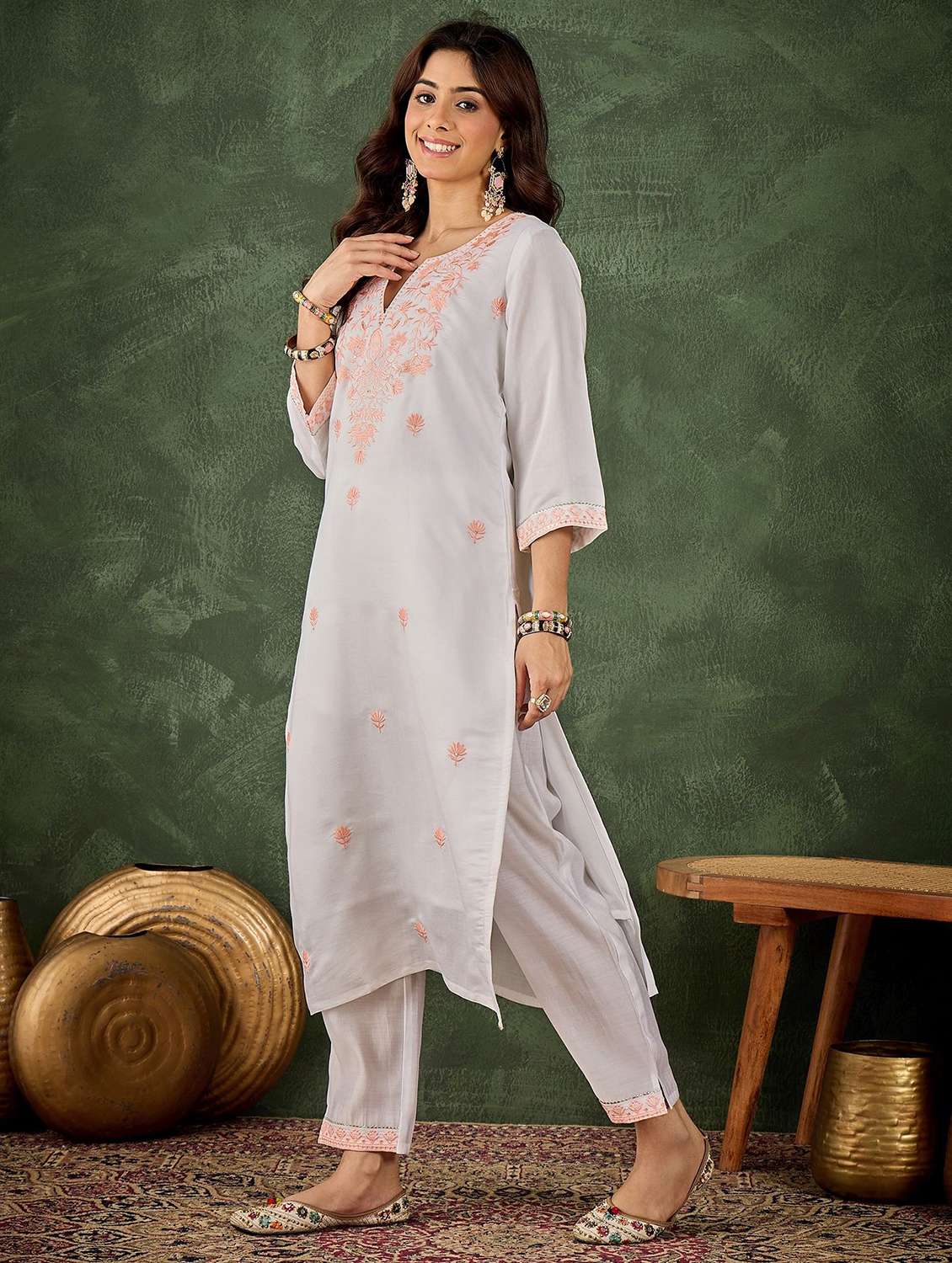 women solid with work three quarter sleeve kurta pant with dupatta set - 22322538 -  Standard Image - 1
