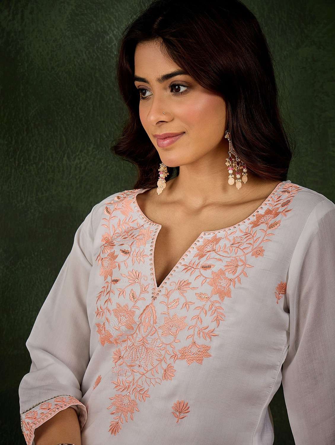 women solid with work three quarter sleeve kurta pant with dupatta set - 22322538 -  Standard Image - 4