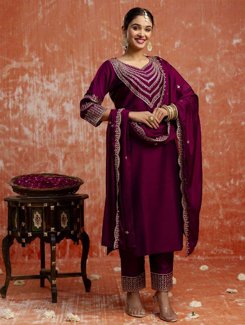 women solid with work three quarter sleeve kurta pant with dupatta set - 22322540 -  Standard Image - 1