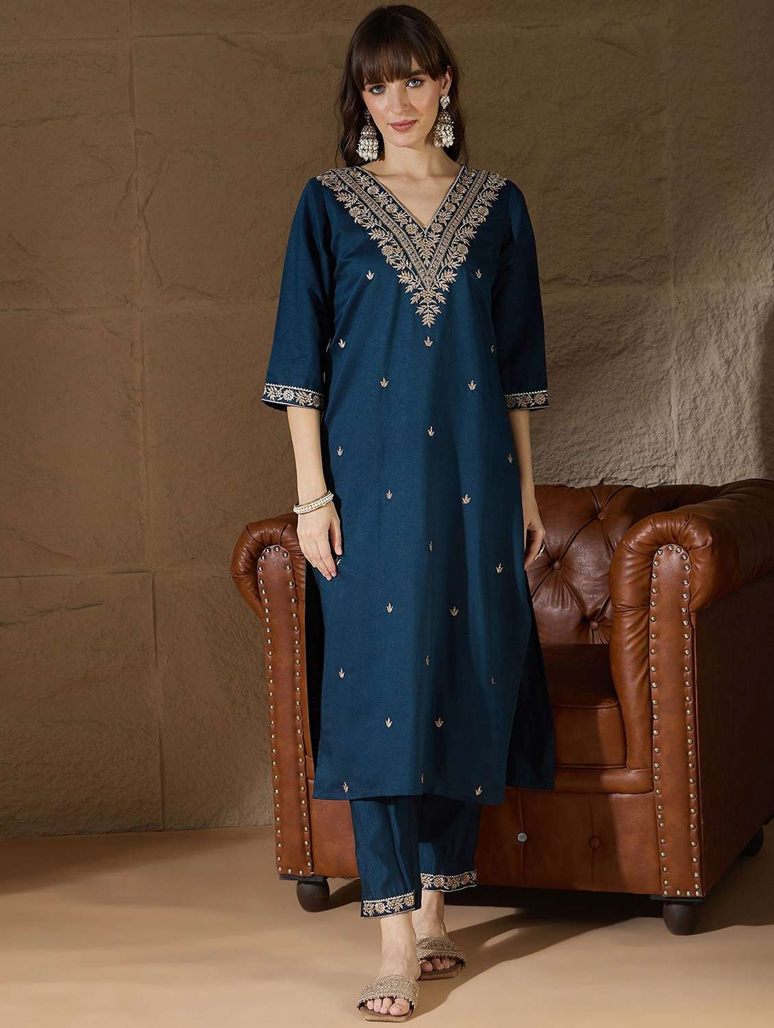 women solid with work three quarter sleeve kurta pant with dupatta set - 22322545 -  Standard Image - 1