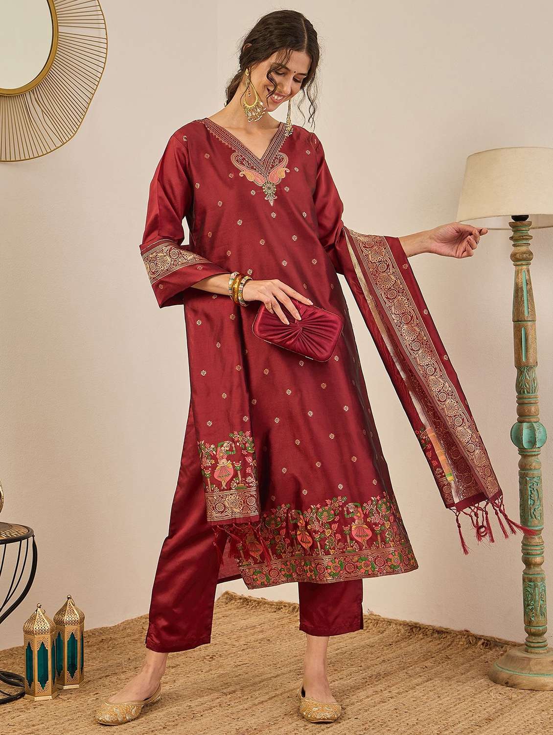 women self design three quarter sleeve kurta pant with dupatta set