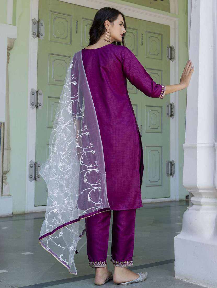 women solid with work three quarter sleeve kurta pant with dupatta set - 22322561 -  Standard Image - 1
