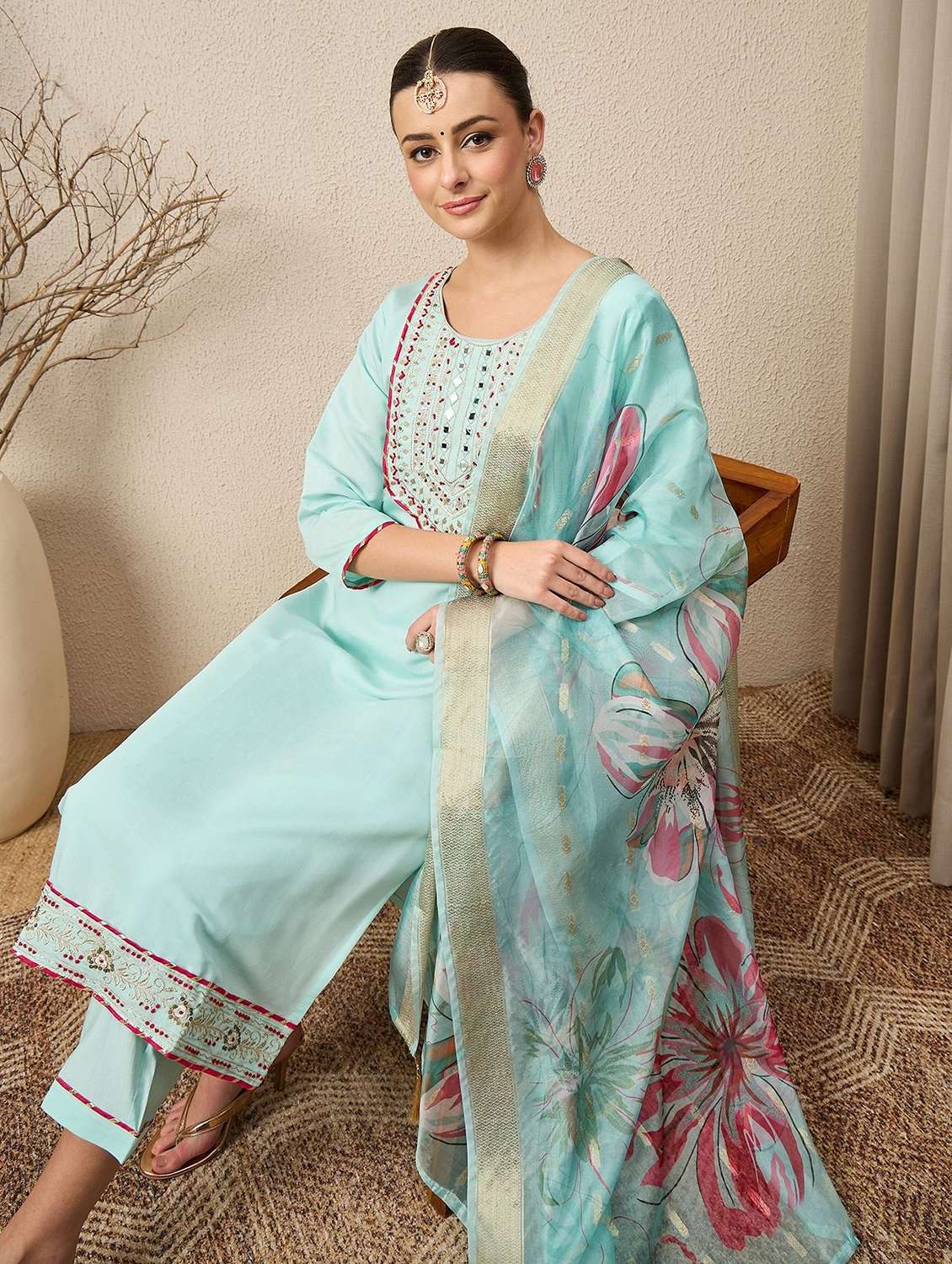 women solid with work three quarter sleeve kurta pant with dupatta set