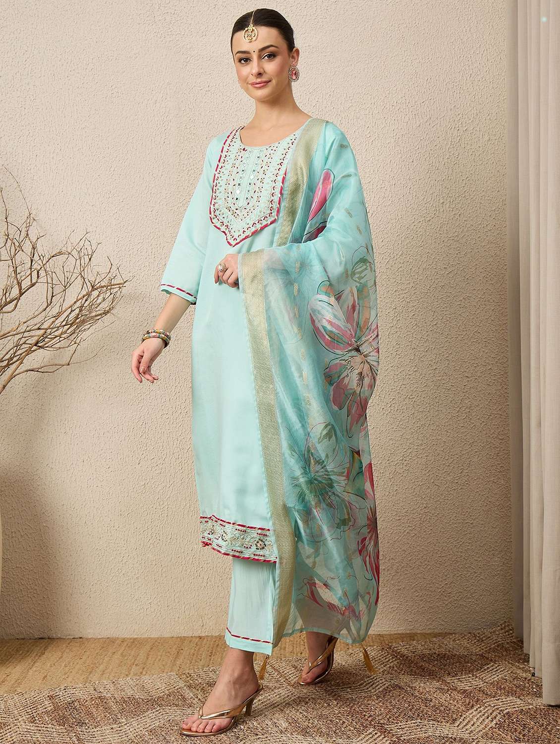 women solid with work three quarter sleeve kurta pant with dupatta set - 22322564 -  Standard Image - 1