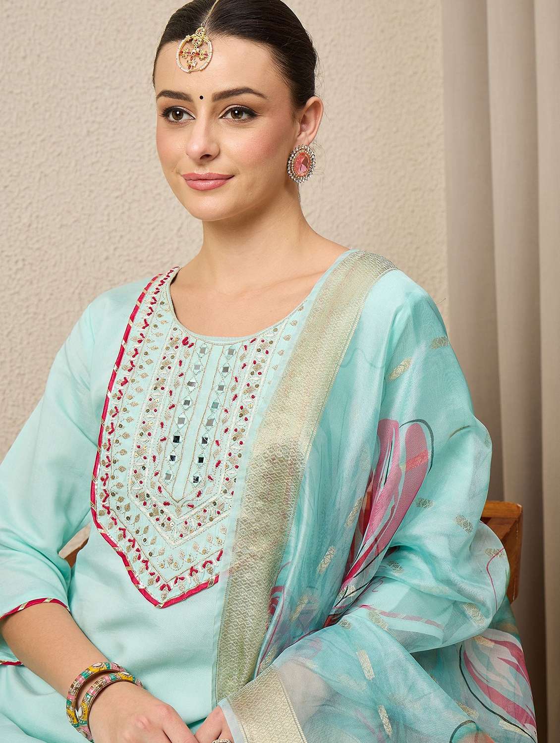 women solid with work three quarter sleeve kurta pant with dupatta set - 22322564 -  Standard Image - 4