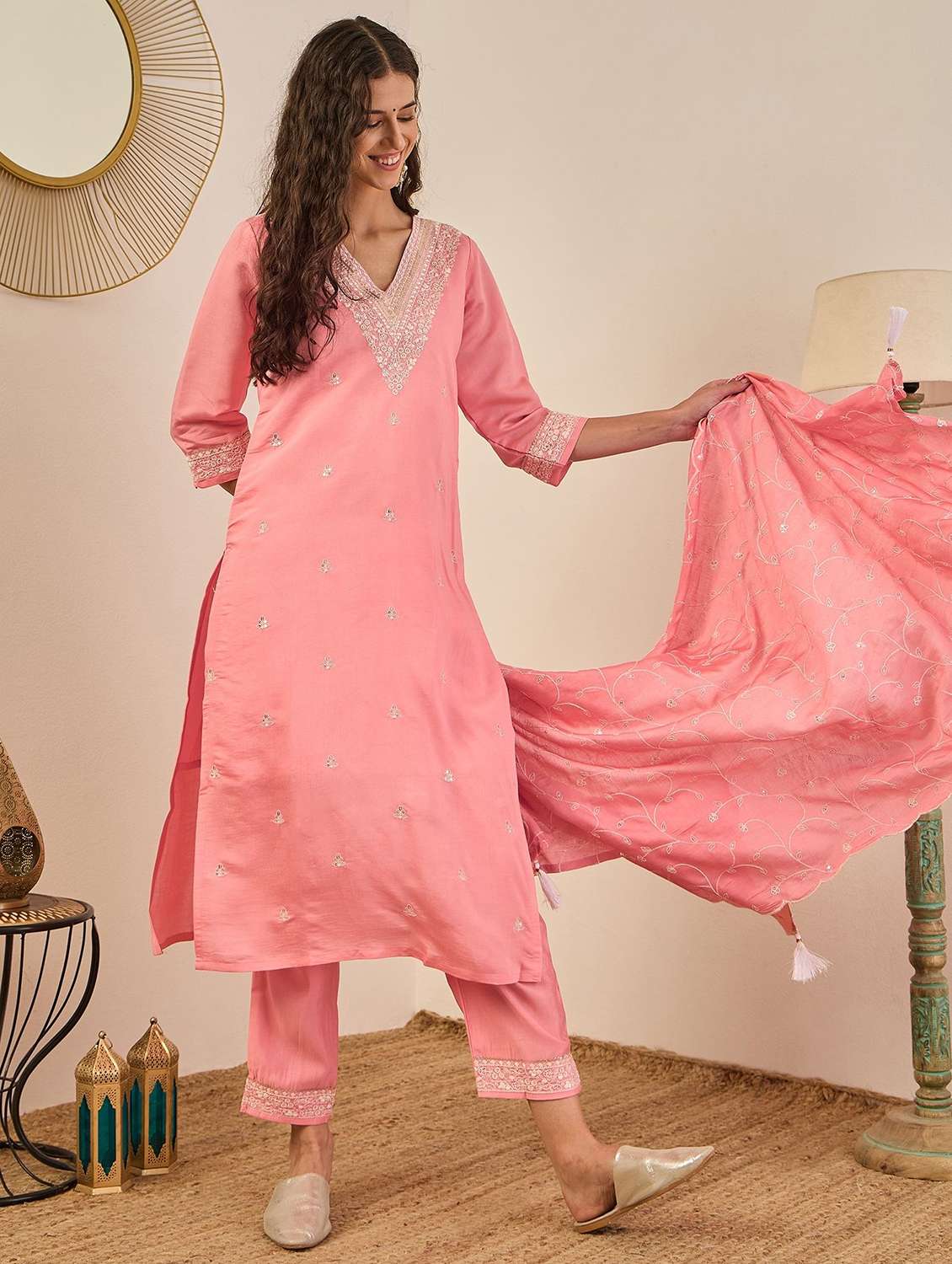 women solid with work three quarter sleeve kurta pant with dupatta set - 22322565 -  Standard Image - 1