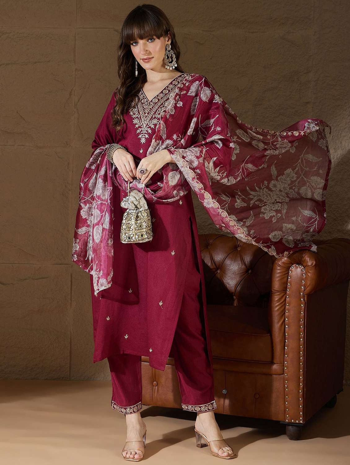 women solid with work three quarter sleeve kurta pant with dupatta set - 22322571 -  Standard Image - 1