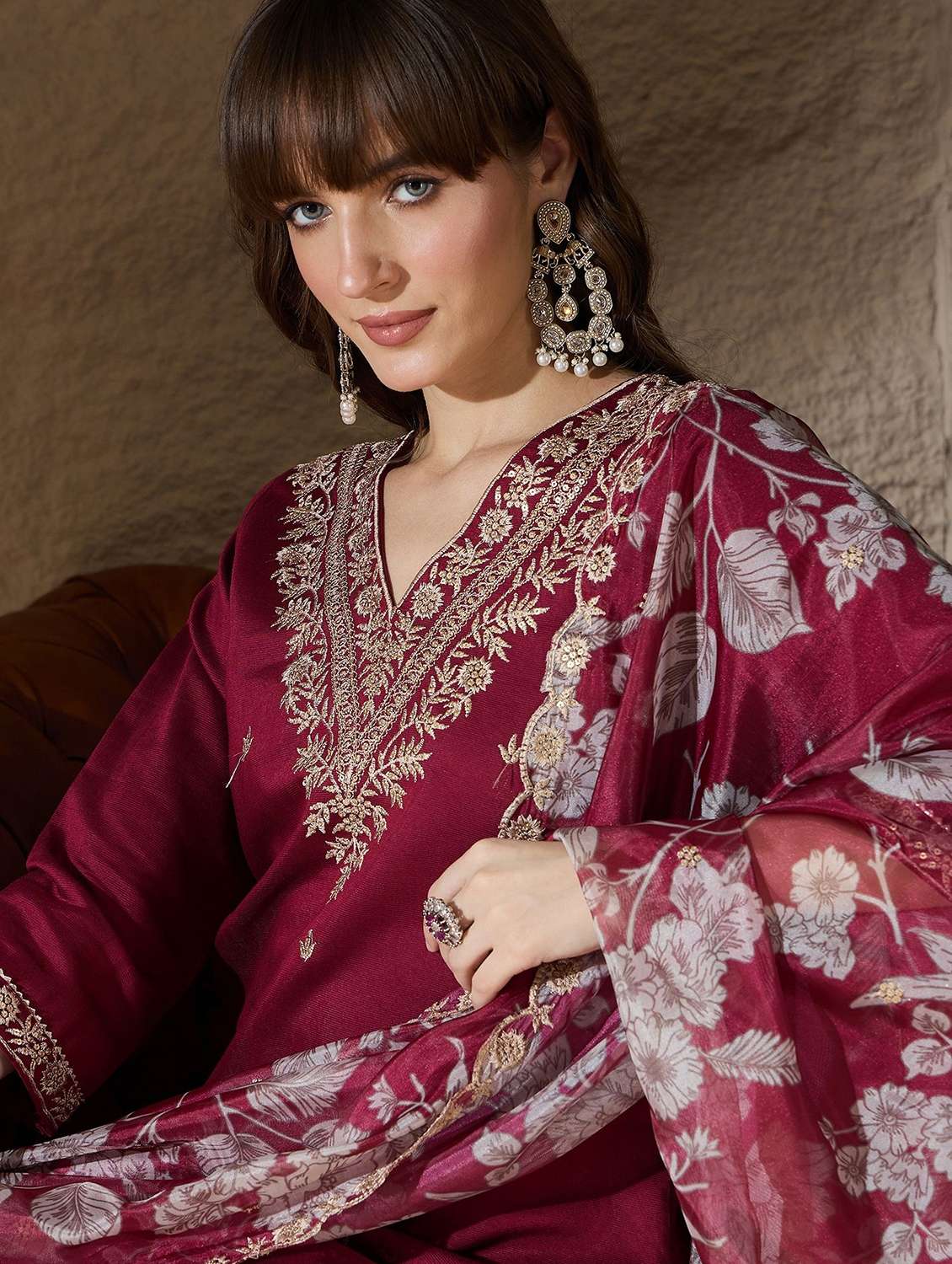 women solid with work three quarter sleeve kurta pant with dupatta set - 22322571 -  Standard Image - 4