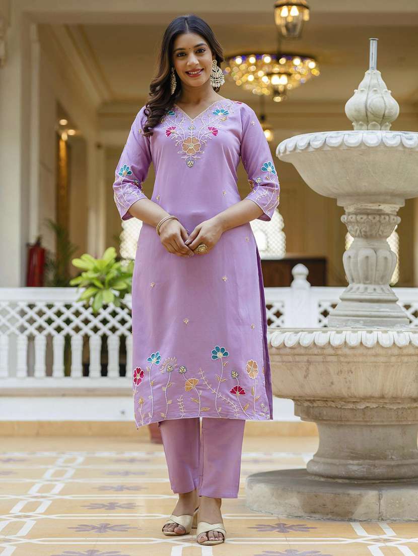 women solid with work three quarter sleeve kurta pant with dupatta set - 22322572 -  Standard Image - 1